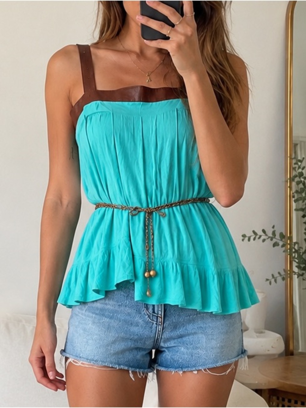 Lauren Moffatt Turquoise Tencel Leather Trim Belted Tunic Top M